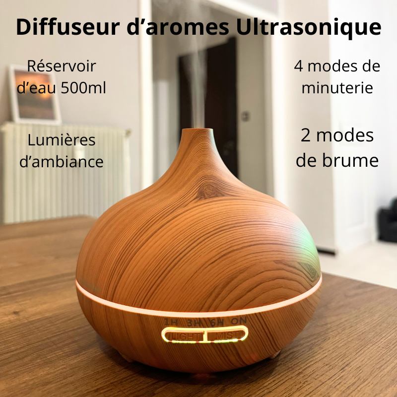 Diffuseur d’Huiles Essentielles BrumiZen™ – Bois Clair 500ml | Lumière LED & Télécommande
