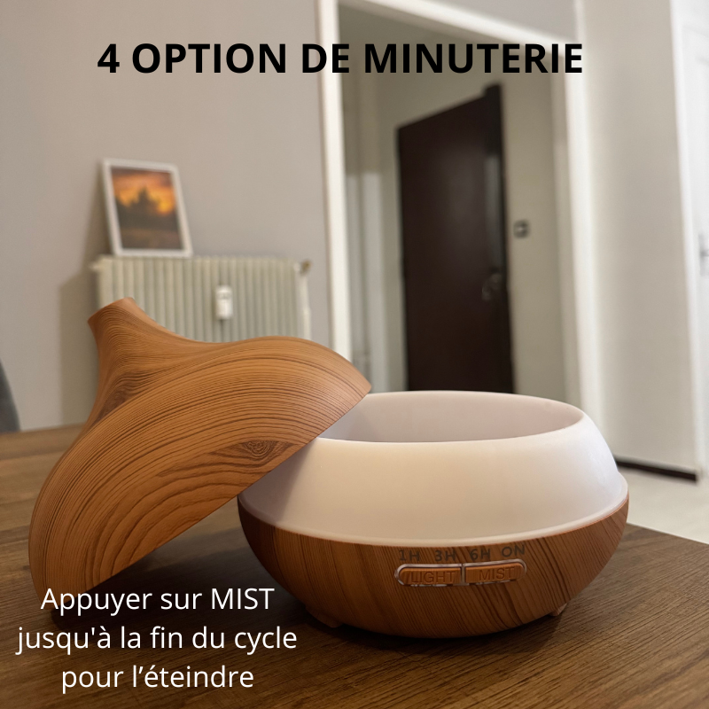 Diffuseur d’Huiles Essentielles BrumiZen™ – Bois Clair 500ml | Lumière LED & Télécommande